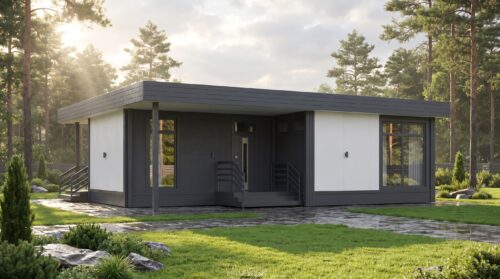 Домокомплект серии EFFECT EL 103 BR площадью 103 м2. Габариты (9770×12120) 1 этаж (арт. EFFECT EL 103 ND BR)